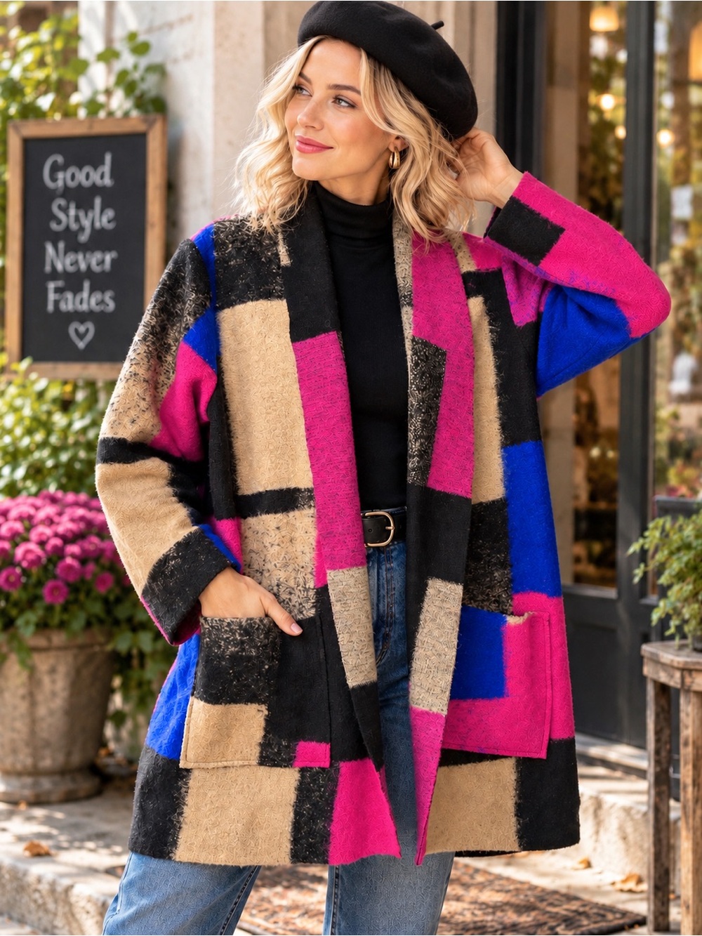 Alison Sheri Colour Block Cardigan Pink Blue Black Geometric Sweater Coat